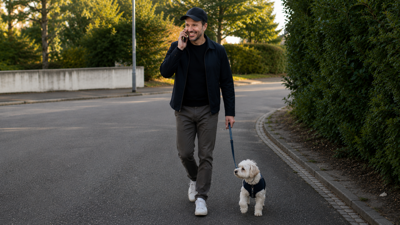 Man som promenerar med sin hund och pratar i telefon på en villagata